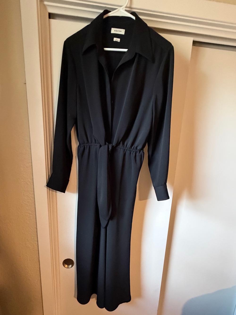 Babaton Black Long-Sleeve Shirt Dress with Tie Waist